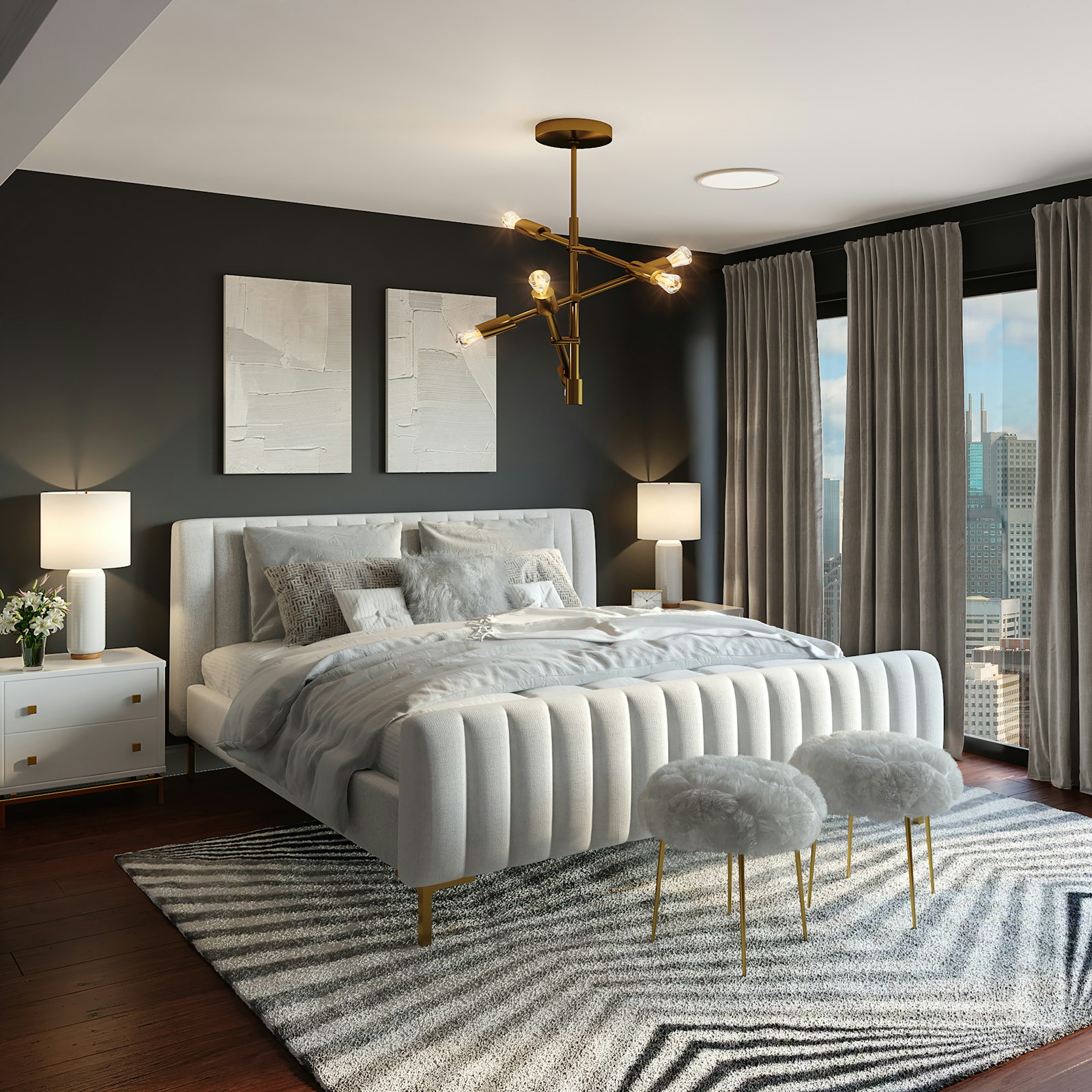 A calm bedroom with layered neutral bedding.