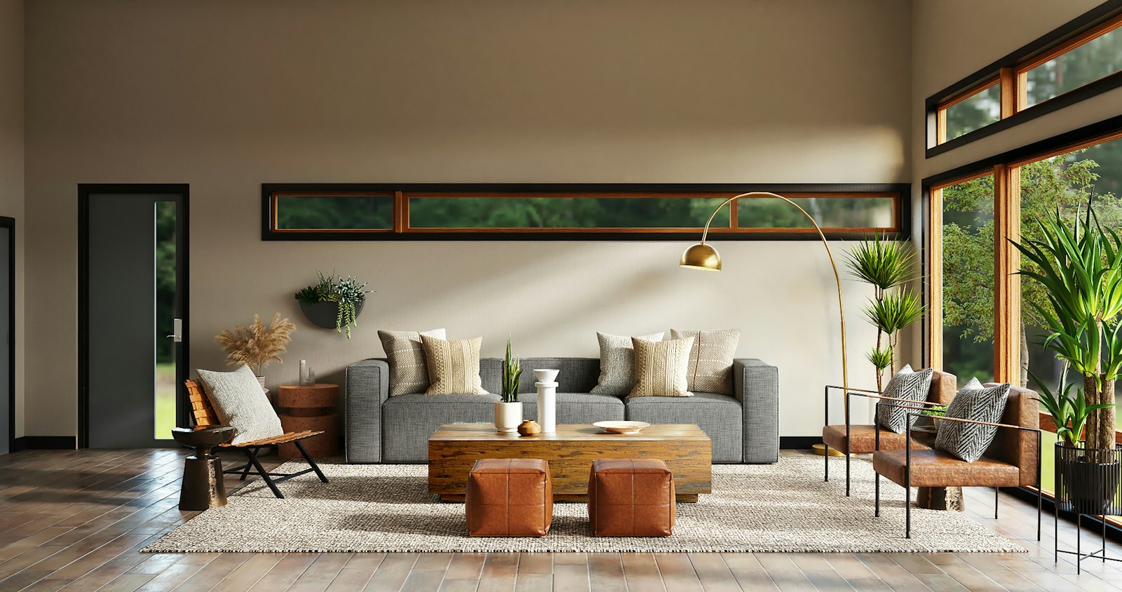 A linen sofa and low table in a pale living room.